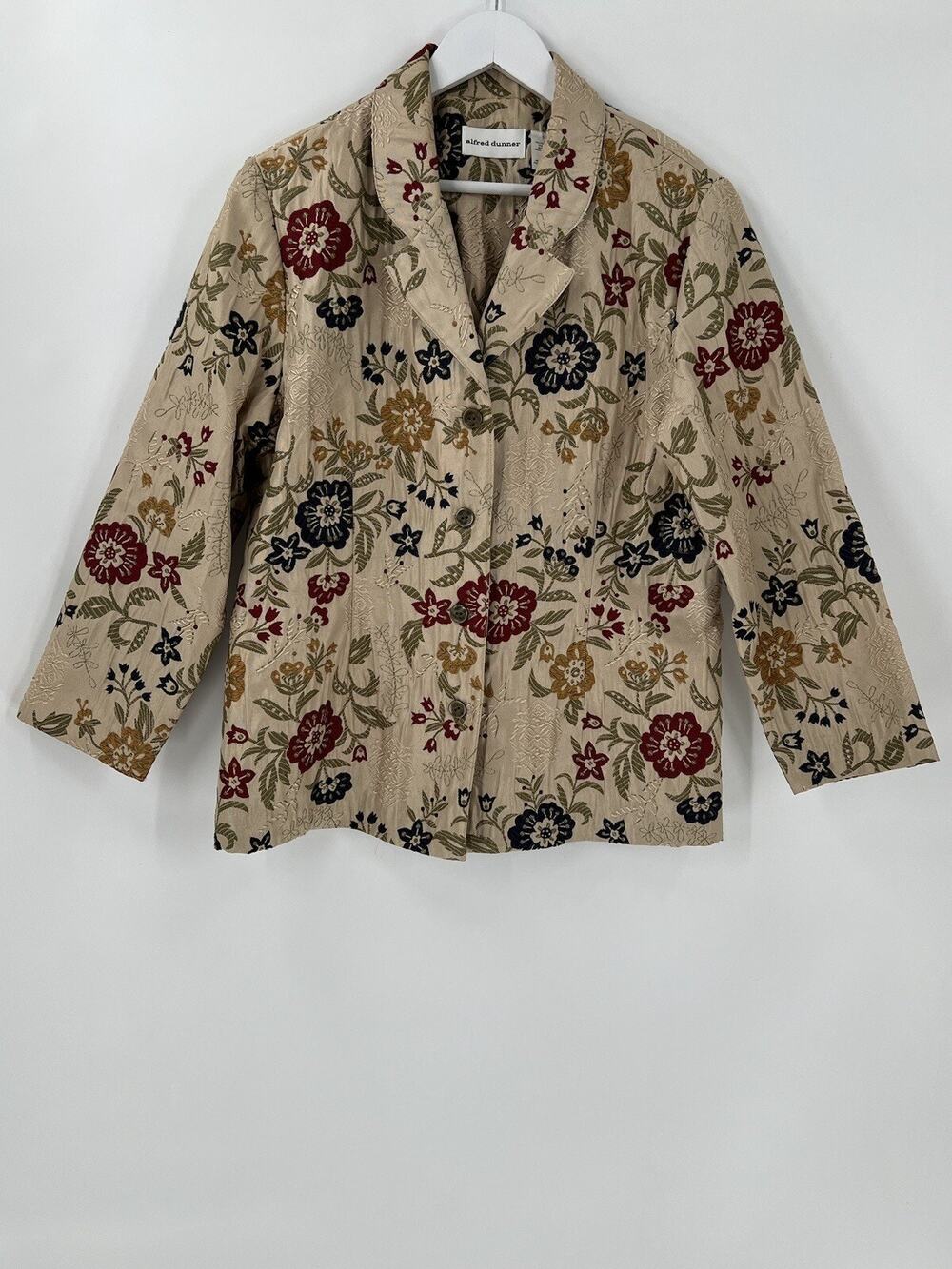 Alfred Dunner Jacket Womens 14 Large Beige Floral Embroidered Blazer Buttoned